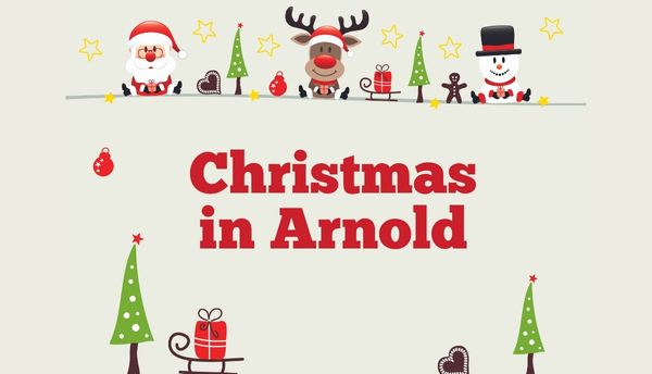 christmas in Arnold in red text on a beige background surrounded by festive illustrations of Santa and reindeer